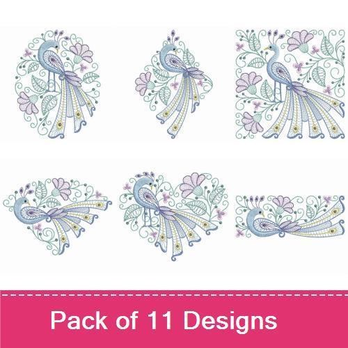 Rippled Elegant Peacock Embroidery Designs Bundle – Peacock with Flowers, Peacock Blossom, Peacock with Ribbons & More (11 Designs)