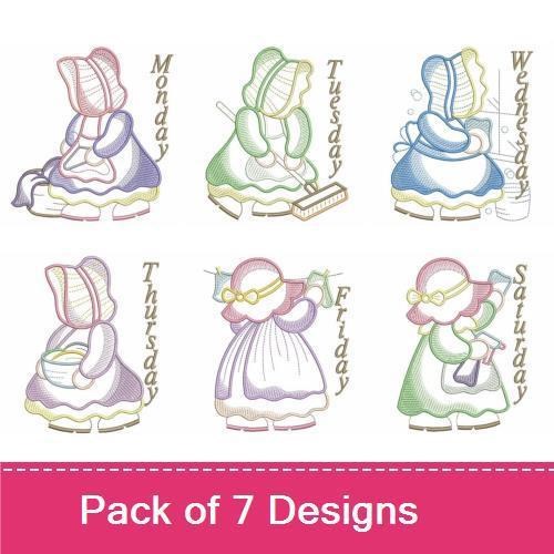 Vintage Days of the Week Girls Embroidery Designs Bundle – Monday Girl, Tuesday Girl, Wednesday Girl & More (7 Designs)