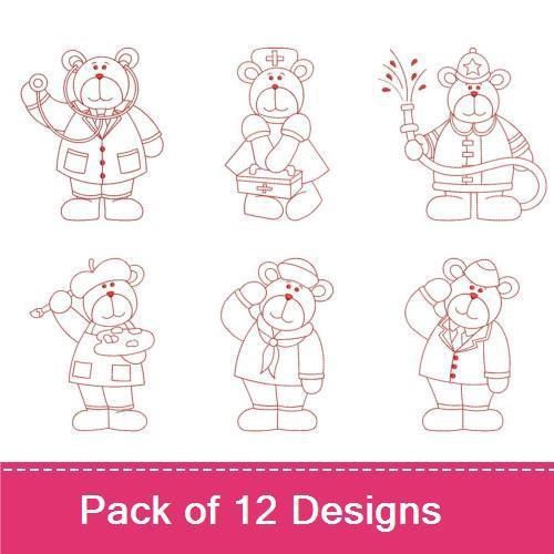 Redwork Occupational Bears Embroidery Designs Bundle – Doctor, Firefighter, Nurse, Chef & More (12 Designs)
