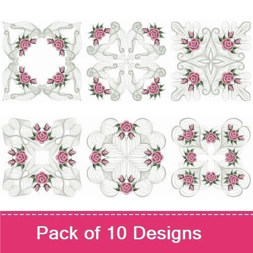 Rippled Elegant Pink Rose Embroidery Designs Bundle – Floral Quilt Square, Ornate Rose Frame, & More (10 Designs)