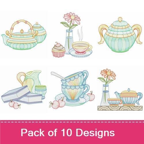 Rippled Tea Time Embroidery Designs Bundle – Teapot, Teacup with Flowers, Sweet Tea Text & More (10 Designs)