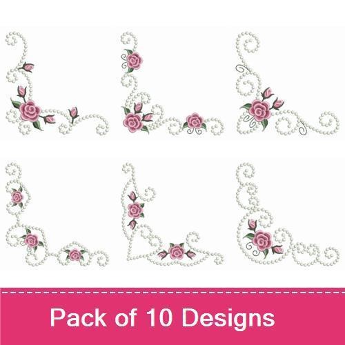 Floral Rose Corner Embroidery Bundle – Pink Rose with Decorative Swirl, Elegant Rose with Pearls & More (10 Designs)