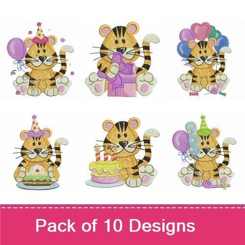 Birthday Tiger Celebrations Embroidery Designs Bundle – Tiger with Balloons, Cake, Gift & More (10 Designs)