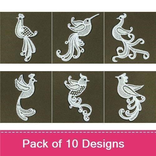 FSL Elegant Lace Birds Embroidery Bundle – Lace Bird with Checker Pattern, Delicate Lace Bird Profile & More (10 Designs)