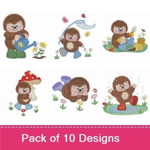 Cute Hedgehogs in Garden Embroidery Designs Bundle – Watering Flowers, Carrying Flowers, Planting & More (10 Designs)