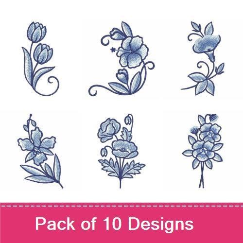 Blue Floral Embroidery Bundle – Blue Flower Bouquet, Tulip Design, Floral Vine & More (10 Designs)