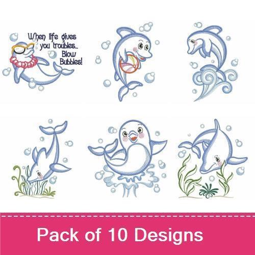 Dolphin Embroidery Bundle – Dolphin with Beach Ball, Dolphin with Bubbles, Dolphin Jumping & More (10 Designs)