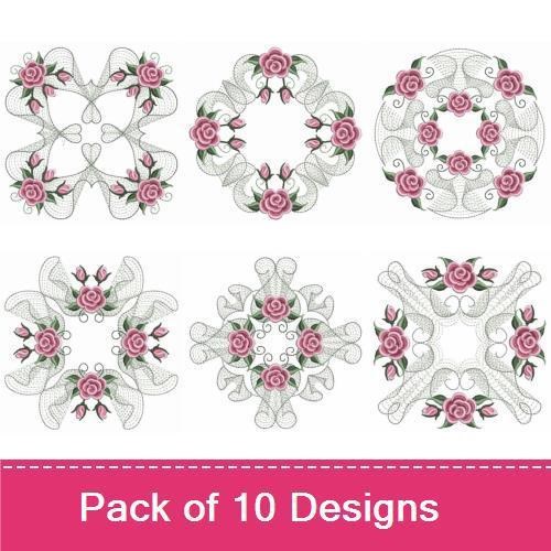 Rippled Elegant Rose Lace Embroidery Designs Bundle – Rose Lace Circle, Lace Floral Medallion, & More (10 Designs)