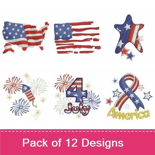 Patriotic USA Embroidery Designs Bundle – USA Map with Flag, Heart with Stars and Stripes, Fireworks Display & More (12 Designs)