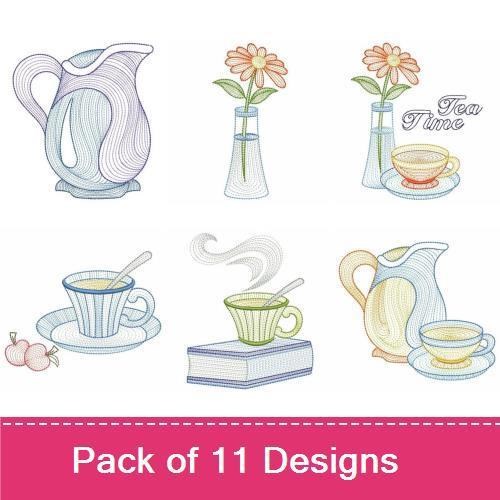 Rippled Tea Time Embroidery Designs Bundle – Teapot, Teacup, Flower Vase & More (11 Designs)