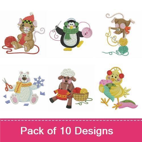 Knitting Animals Embroidery Bundle – Mouse Knitting Yarn, Penguin with Yarn, Bear Knitting & More (10 Designs)