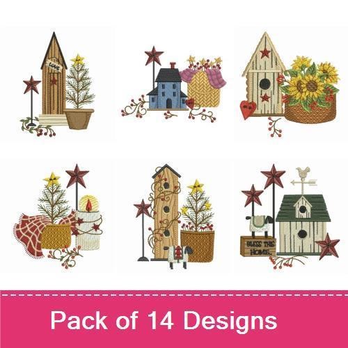 Rustic Country Embroidery Designs Bundle – Birdhouse with Sunflowers, Decorative Birdhouse, Candle Holder with Pine & More (14 Designs)