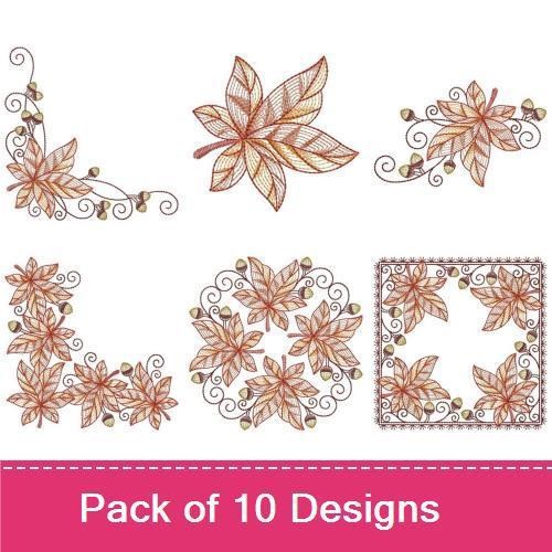 Rippled Autumn Leaves Embroidery Designs Bundle – Leaf Corner with Acorns, Single Autumn Leaf, & More (10 Designs)