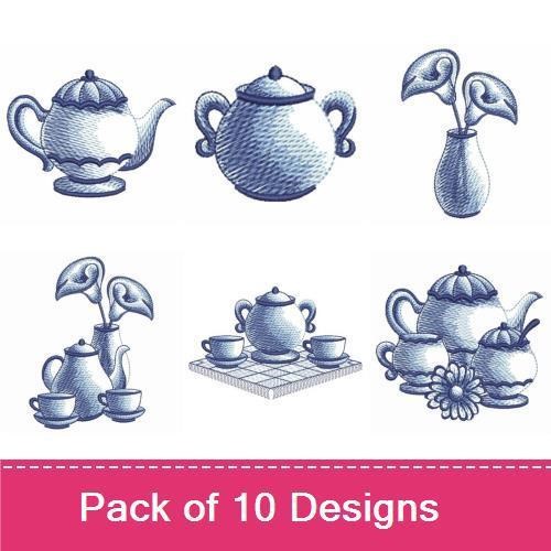 Tea Time Embroidery Designs Bundle – Teapot with Flowers, Teacup and Saucer, Cupcake & More (10 Designs)