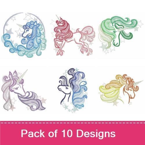 Elegant Unicorn Embroidery Designs Bundle – Elegant Unicorn with Red Mane, Elegant Dancing Unicorn & More (10 Designs)