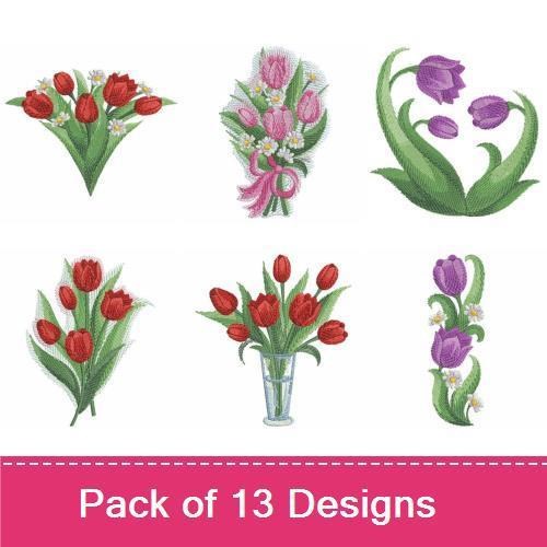 Tulip Floral Embroidery Designs Bundle – Bouquet of Tulips, Single Pink Tulip, Red Tulip Cluster & More (13 Designs)