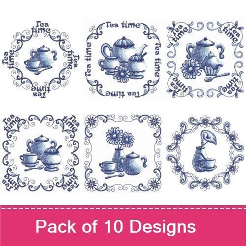 Tea Time Embroidery Designs Bundle – Tea Pot with Cup, Floral Tea Time, Decorative Tea Time & More (10 Designs)