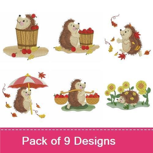Hedgehogs Embroidery Bundle – Hedgehog with Apples, Hedgehog with Pumpkin, Hedgehog Holding an Umbrella & More (9 Designs)
