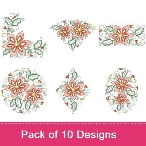 Poinsettia Floral Embroidery Designs Bundle – Elegant Poinsettia with Leaves, Poinsettia Frame & More (10 Designs)