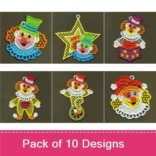 FSL Cheerful Clown Embroidery Designs Bundle – Clown Face Ornament, Clown with Balloons, & More (10 Designs)