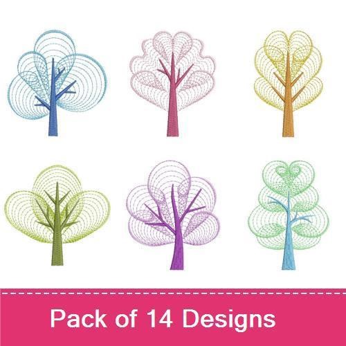 Rippled Whimsical Trees Embroidery Designs Bundle – Round Rippled Tree, Spiral Tree, Leafy Rippled Tree & More (14 Designs)