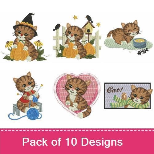 Cute Kitten Seasonal Embroidery Designs Bundle – Kitten with Pumpkin, Kitten with Flowers, Kitten in a Top Hat & More (10 Designs)