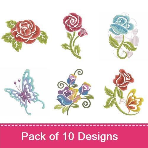 Elegant Rose Embroidery Designs Bundle – Red Rose, Pink Rose, Butterfly with Rose & More (10 Designs)