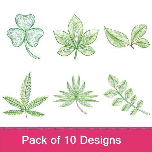 Rippled Elegant Green Leaves Embroidery Designs Bundle – Large Leaf, Clover Leaf, Fiddle Leaf & More (10 Designs)