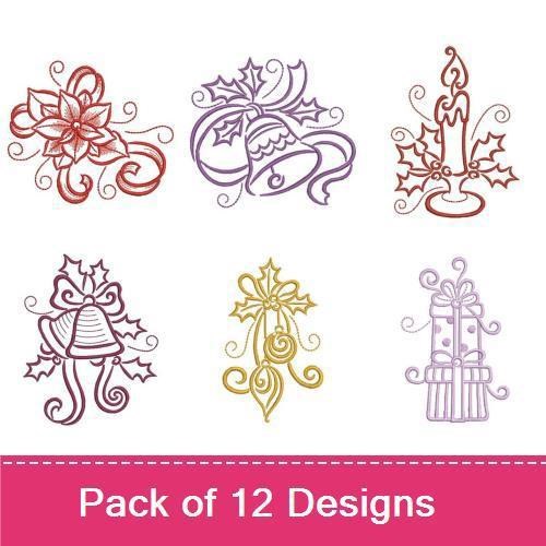 Redwork Elegant Christmas Embroidery Designs Bundle – Christmas Bell, Poinsettia, Tree & More (12 Designs)