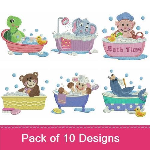 Cute Animals in Bathtubs Embroidery Designs Bundle – Panda, Rubber Duck, Turtle, Penguin & More (10 Designs)