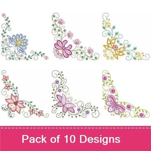 Elegant Floral Corner Embroidery Designs Bundle – Floral Corner with Butterfly, Floral Corner with Heart & More (10 Designs)