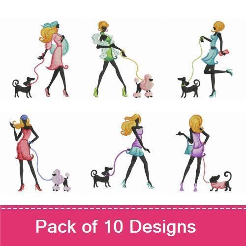 Chic Women with Dogs Embroidery Bundle – Stylish Designs (10 Designs)