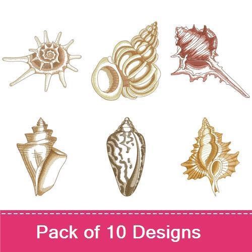 Coastal Shells Embroidery Designs Bundle – Conch Shell, Spiral Seashell, Detailed Shell & More (10 Designs)