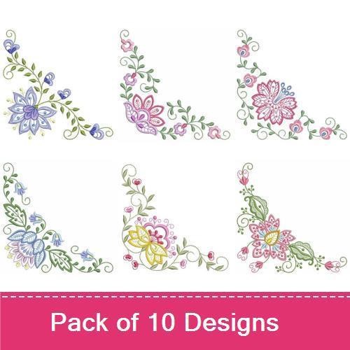 Elegant Floral Corners Embroidery Designs Bundle – Blue, Pink, Purple Flowers & More (10 Designs)