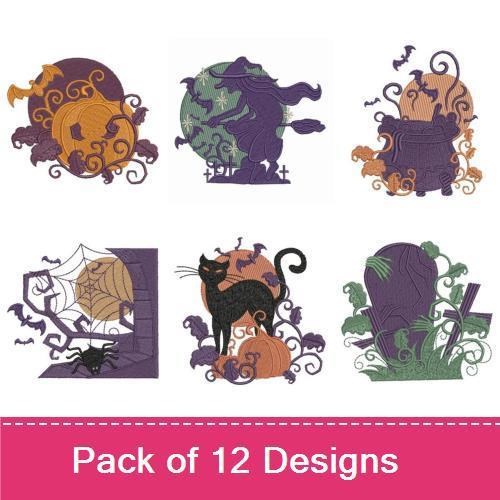 Spooky Halloween Embroidery Designs Bundle – Witch with Broom, Black Cat with Pumpkin, Ghost with Spiderweb & More (12 Designs)