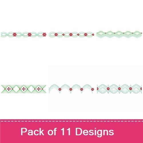 Rippled Floral & Geometric Embroidery Designs Bundle – Delicate Floral Border, Geometric Green Border & More (11 Designs)
