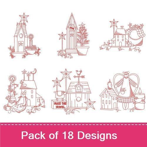 Redwork Rustic Holiday Embroidery Designs Bundle – Birdhouse with Star, Christmas Tree, Sleigh with Presents & More (18 Designs)