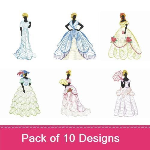 Victorian Ladies Embroidery Designs Bundle – Blue Dress, Pink Hat, Green Dress & More (10 Designs)