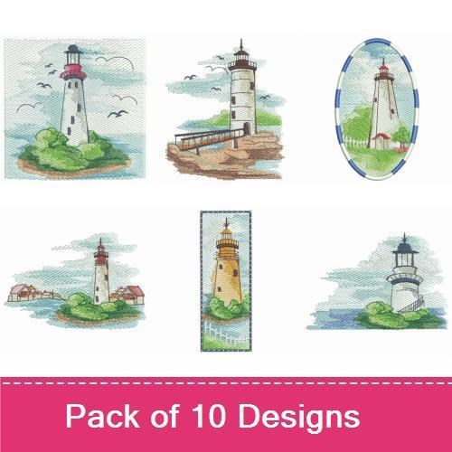 Coastal Lighthouse Embroidery Designs Bundle – Striped Lighthouse, Lighthouse with Clouds, Lighthouse Reflection & More (10 Designs)