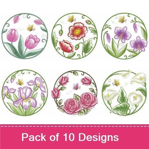 Floral Circle Embroidery Designs Bundle – Red Floral Circle, Yellow Floral Circle, Tulip Floral Circle & More (10 Designs)