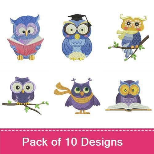 Cute Owls Embroidery Bundle – Friendly Owl in Blue Vest, Pink Owl on Branch, Wise Owl Reading Book & More (10 Designs)