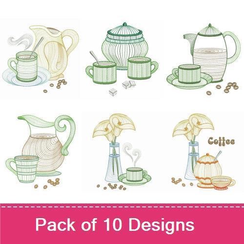 Rippled Coffee Embroidery Bundle – Coffee Pot, Tea Pot, Coffee Beans & More (10 Designs)