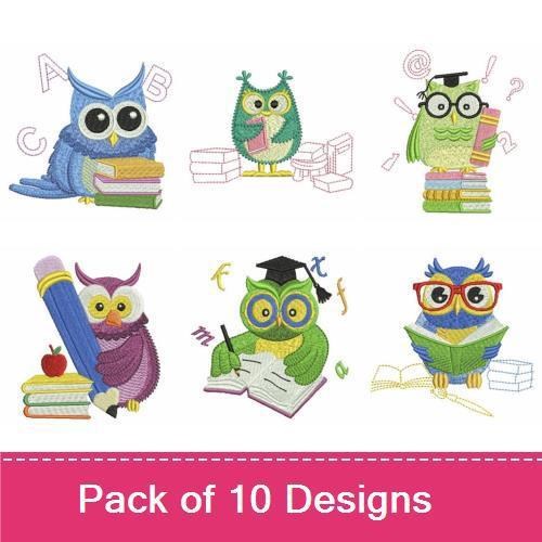 School-Themed Owls Embroidery Bundle – Graduation Owl, Owl with Books, Owl with Pencil & More (10 Designs)