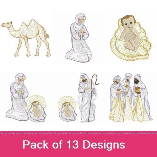 Rippled Nativity Scene Embroidery Designs Bundle – Three Wise Men, Baby Jesus, Shepherd with Sheep & More (13 Designs)