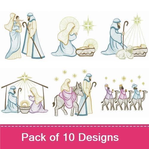 Rippled Nativity Scene Embroidery Designs Bundle – Mary & Baby Jesus, Three Wise Men, Angel & More (10 Designs)