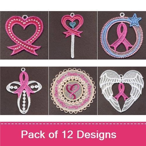 FSL Breast Cancer Awareness Ribbons Embroidery Designs Bundle – Ribbon Ornament, Heart with Ribbon, Star with Ribbon & More (12 Designs)