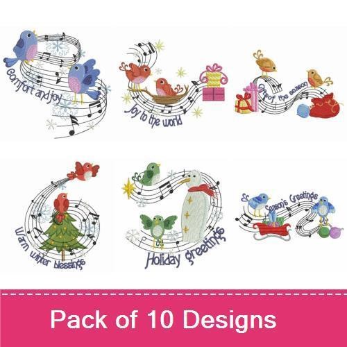 Holiday Birds & Music Embroidery Designs Bundle – Joy to the World, Birds with Gift Box, & More (10 Designs)