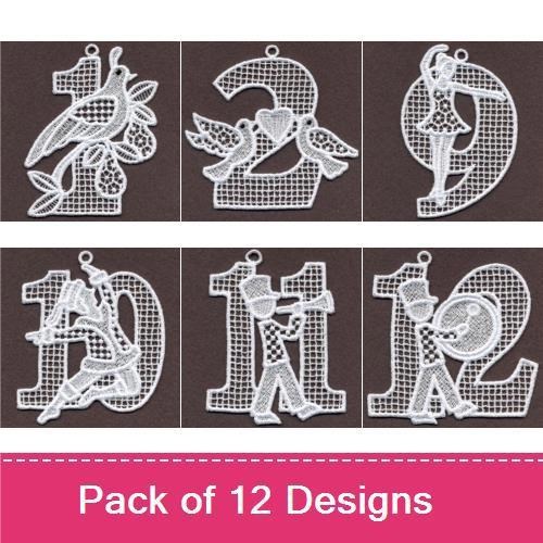 FSL Vintage Lace Numbers Embroidery Designs Bundle – Number 1 with Bird, Number 3 with Floral Design, Number 5 with Floral Design & More (12 Designs)