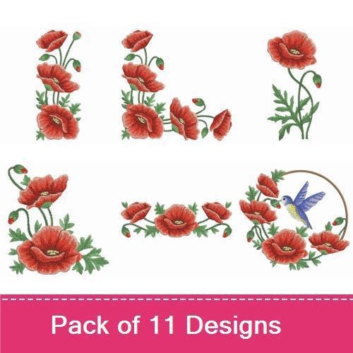 Poppy Floral Embroidery Designs Bundle – Hummingbird with Poppies, Poppy Bouquet, & More (11 Designs)