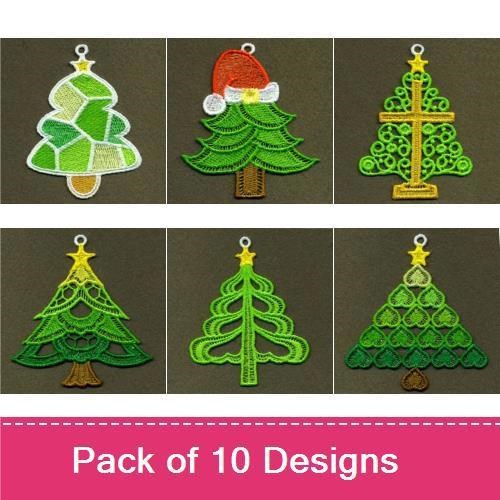 FSL Whimsical Christmas Trees Embroidery Designs Bundle – Christmas Tree with Ornaments, Santa Claus Tree, & More (10 Designs)